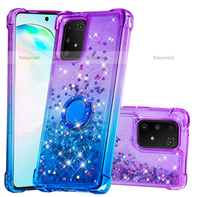 Silicone Candy Rubber TPU Bling-Bling Soft Case Cover with Finger Ring Stand S02 for Samsung Galaxy A91 Purple