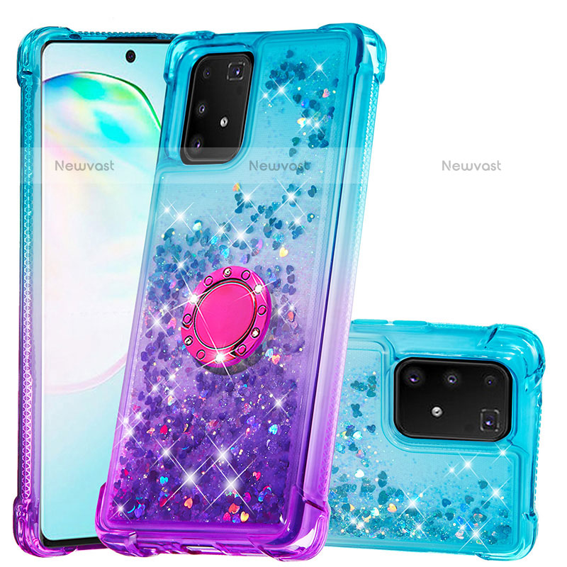 Silicone Candy Rubber TPU Bling-Bling Soft Case Cover with Finger Ring Stand S02 for Samsung Galaxy A91 Sky Blue