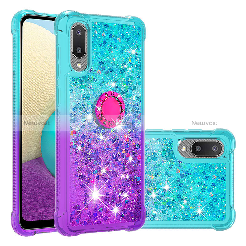 Silicone Candy Rubber TPU Bling-Bling Soft Case Cover with Finger Ring Stand S02 for Samsung Galaxy M02 Sky Blue