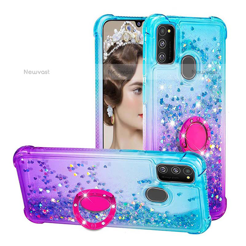 Silicone Candy Rubber TPU Bling-Bling Soft Case Cover with Finger Ring Stand S02 for Samsung Galaxy M30s Sky Blue