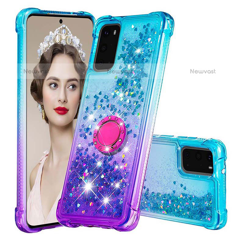 Silicone Candy Rubber TPU Bling-Bling Soft Case Cover with Finger Ring Stand S02 for Samsung Galaxy S20 Sky Blue