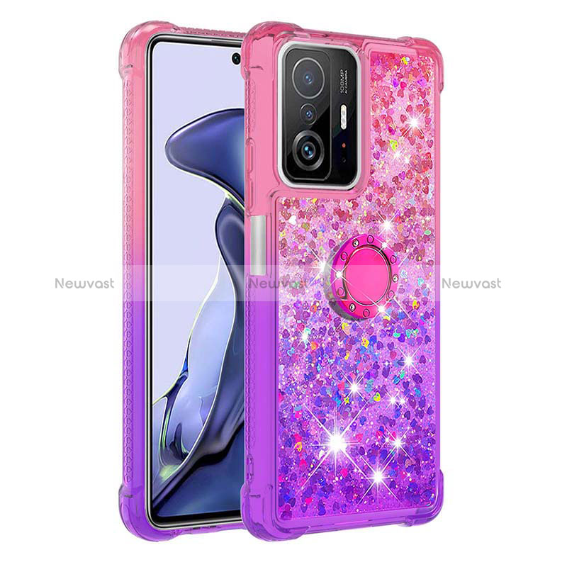 Silicone Candy Rubber TPU Bling-Bling Soft Case Cover with Finger Ring Stand S02 for Xiaomi Mi 11T 5G Hot Pink