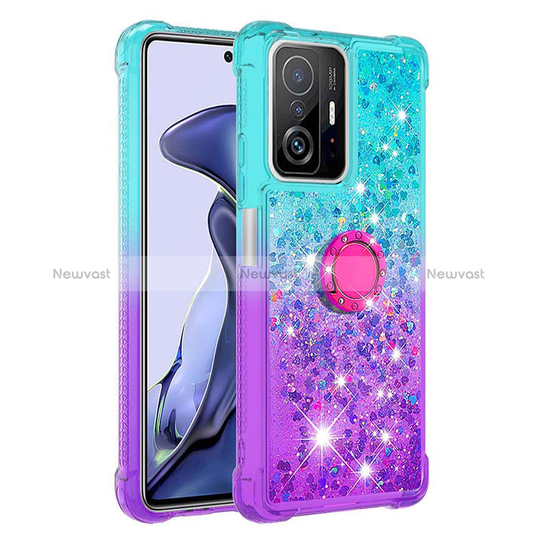 Silicone Candy Rubber TPU Bling-Bling Soft Case Cover with Finger Ring Stand S02 for Xiaomi Mi 11T 5G Sky Blue