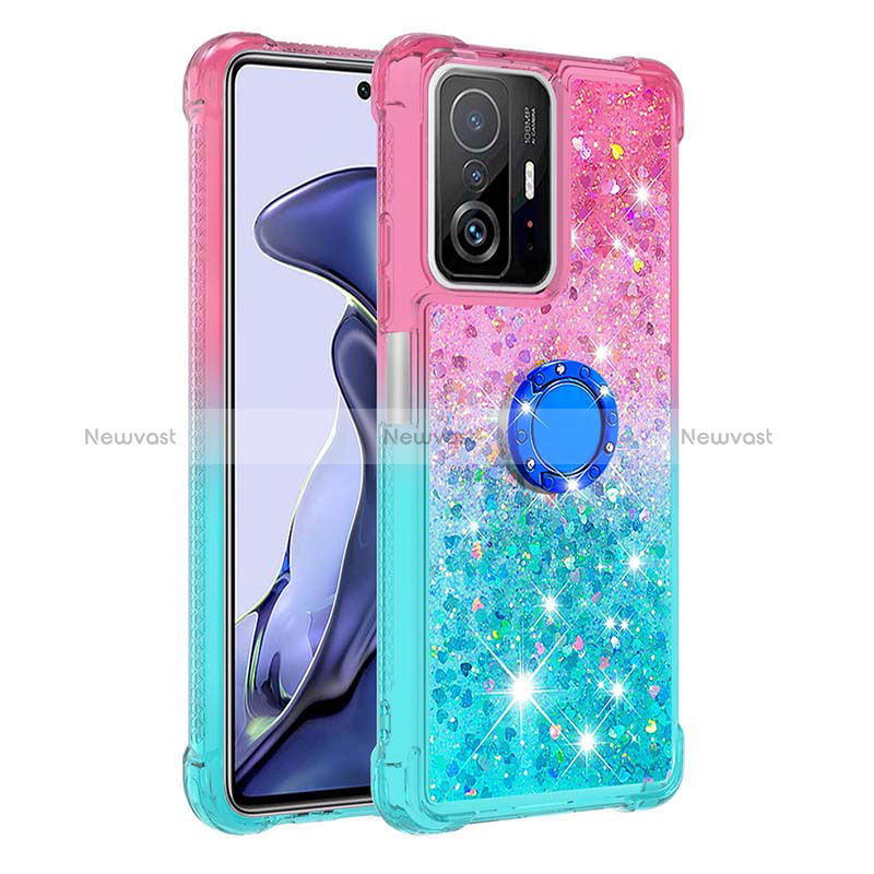 Silicone Candy Rubber TPU Bling-Bling Soft Case Cover with Finger Ring Stand S02 for Xiaomi Mi 11T Pro 5G Pink