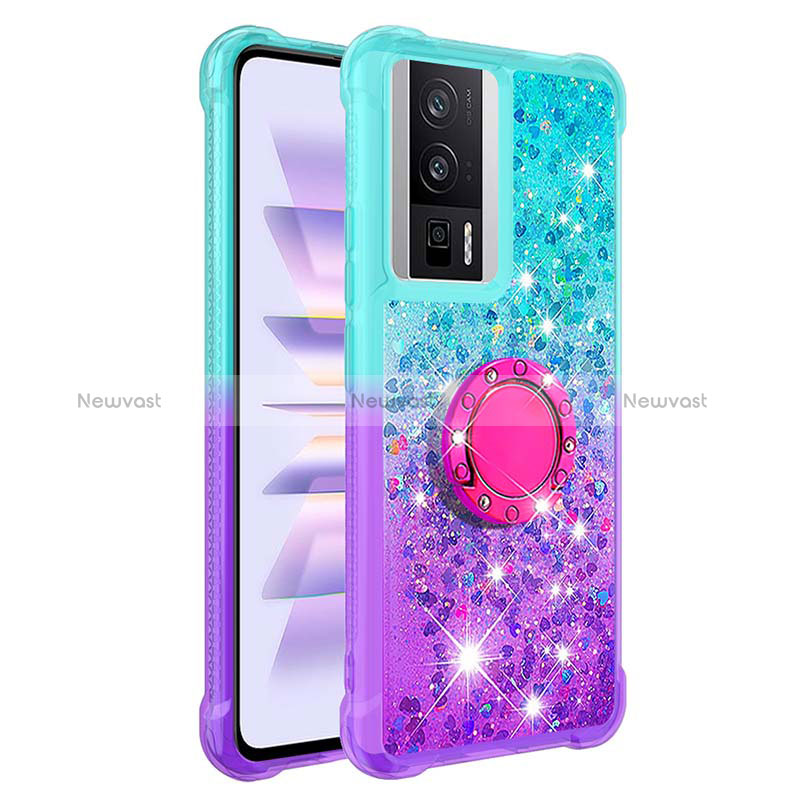 Silicone Candy Rubber TPU Bling-Bling Soft Case Cover with Finger Ring Stand S02 for Xiaomi Poco F5 Pro 5G Sky Blue