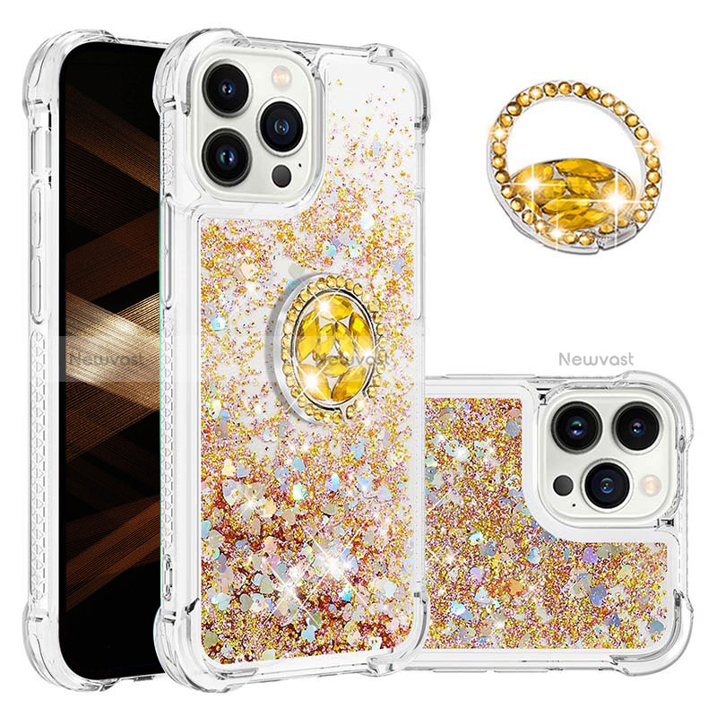 Silicone Candy Rubber TPU Bling-Bling Soft Case Cover with Finger Ring Stand S03 for Apple iPhone 13 Pro Gold