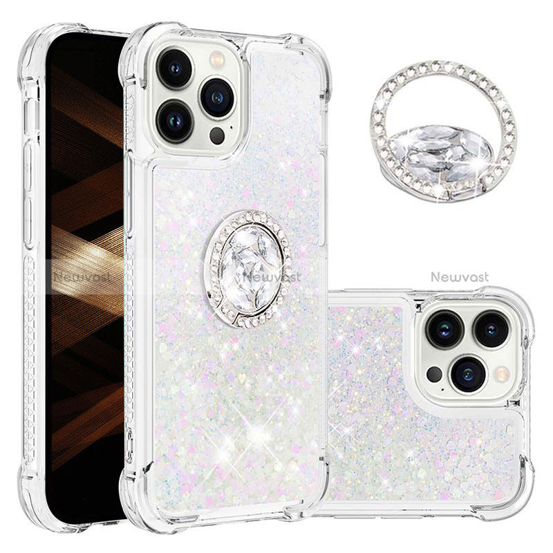 Silicone Candy Rubber TPU Bling-Bling Soft Case Cover with Finger Ring Stand S03 for Apple iPhone 14 Pro Max Silver