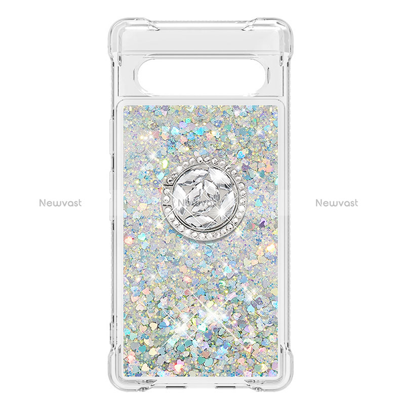 Silicone Candy Rubber TPU Bling-Bling Soft Case Cover with Finger Ring Stand S03 for Google Pixel 7a 5G Silver