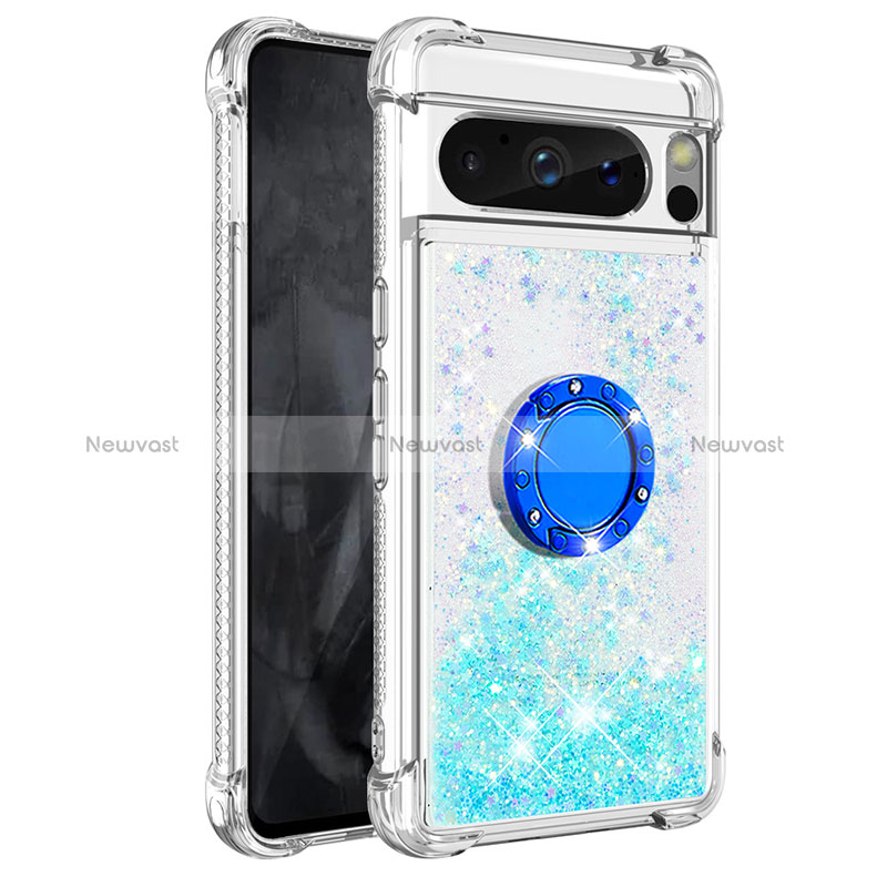 Silicone Candy Rubber TPU Bling-Bling Soft Case Cover with Finger Ring Stand S03 for Google Pixel 8 Pro 5G Sky Blue