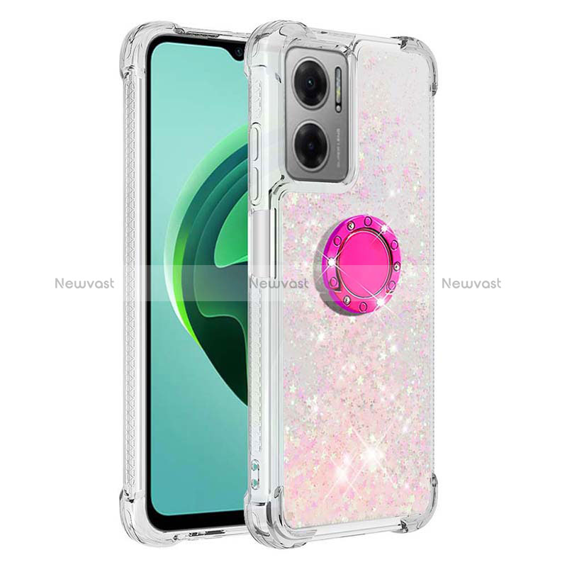 Silicone Candy Rubber TPU Bling-Bling Soft Case Cover with Finger Ring Stand S03 for Xiaomi Redmi 10 Prime Plus 5G Pink