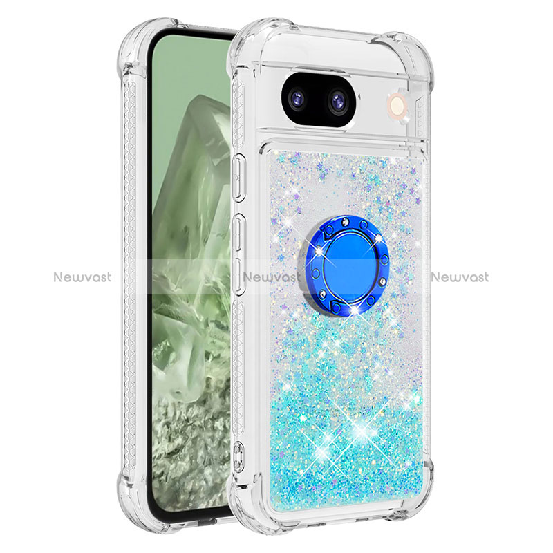 Silicone Candy Rubber TPU Bling-Bling Soft Case Cover with Finger Ring Stand YB1 for Google Pixel 8a 5G Mint Blue