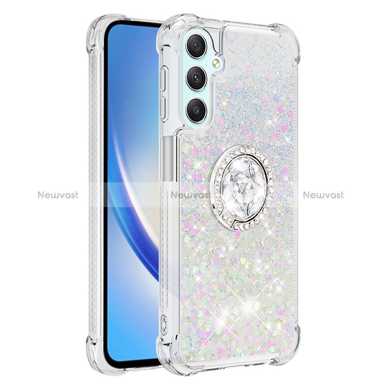 Silicone Candy Rubber TPU Bling-Bling Soft Case Cover with Finger Ring Stand YB1 for Samsung Galaxy A24 4G Silver