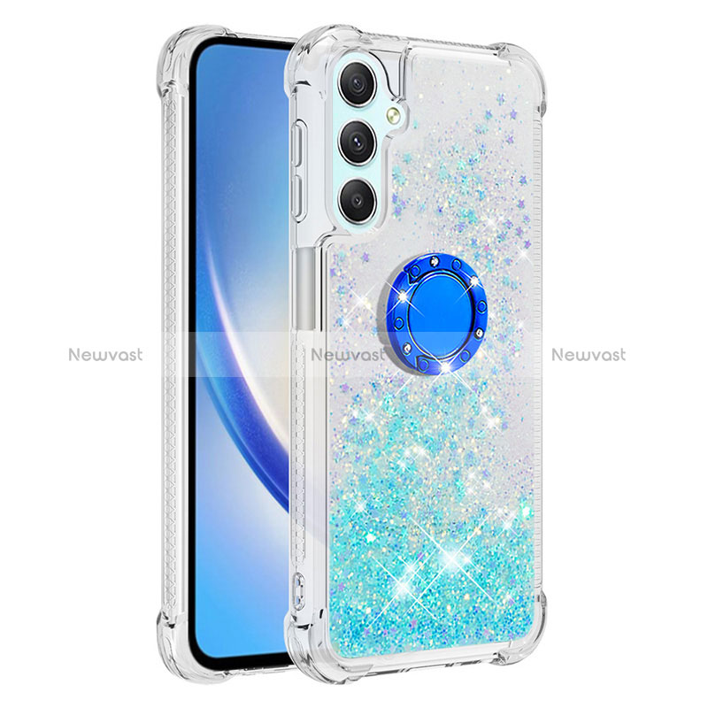 Silicone Candy Rubber TPU Bling-Bling Soft Case Cover with Finger Ring Stand YB1 for Samsung Galaxy A24 4G Sky Blue