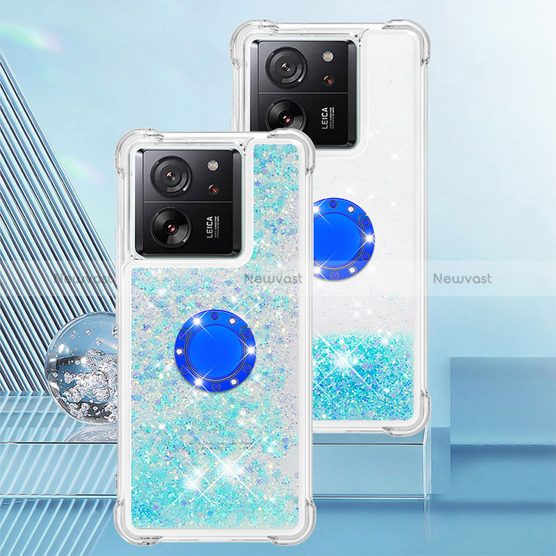 Silicone Candy Rubber TPU Bling-Bling Soft Case Cover with Finger Ring Stand YB1 for Xiaomi Mi 13T Pro 5G Sky Blue