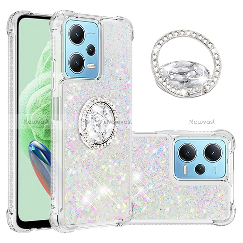 Silicone Candy Rubber TPU Bling-Bling Soft Case Cover with Finger Ring Stand YB1 for Xiaomi Redmi Note 12 5G Silver