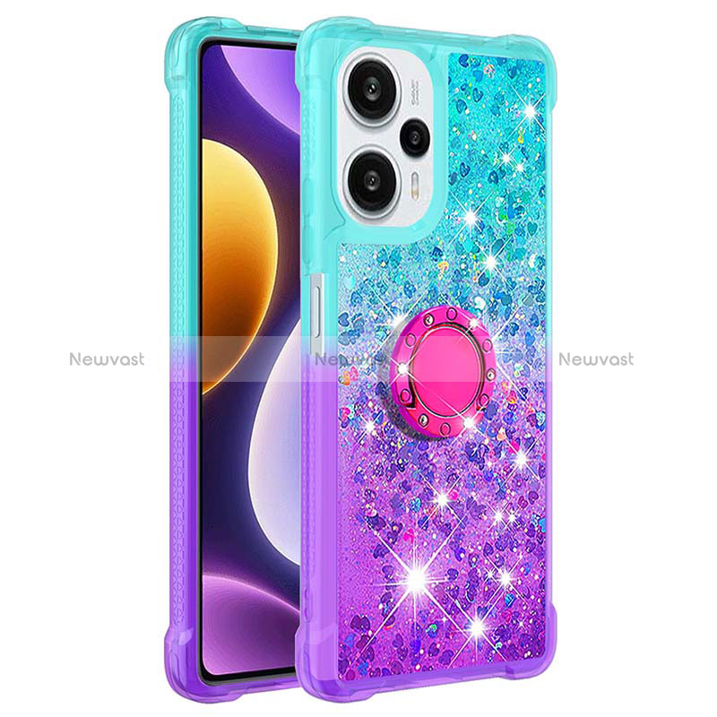 Silicone Candy Rubber TPU Bling-Bling Soft Case Cover with Finger Ring Stand YB2 for Xiaomi Poco F5 5G Sky Blue