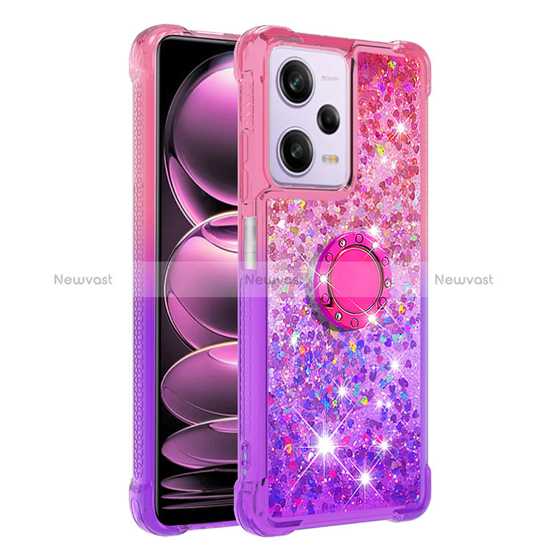 Silicone Candy Rubber TPU Bling-Bling Soft Case Cover with Finger Ring Stand YB2 for Xiaomi Redmi Note 12 Pro 5G Hot Pink