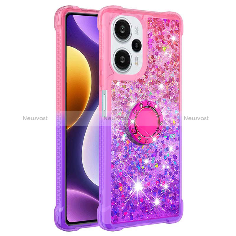 Silicone Candy Rubber TPU Bling-Bling Soft Case Cover with Finger Ring Stand YB2 for Xiaomi Redmi Note 12 Turbo 5G Hot Pink