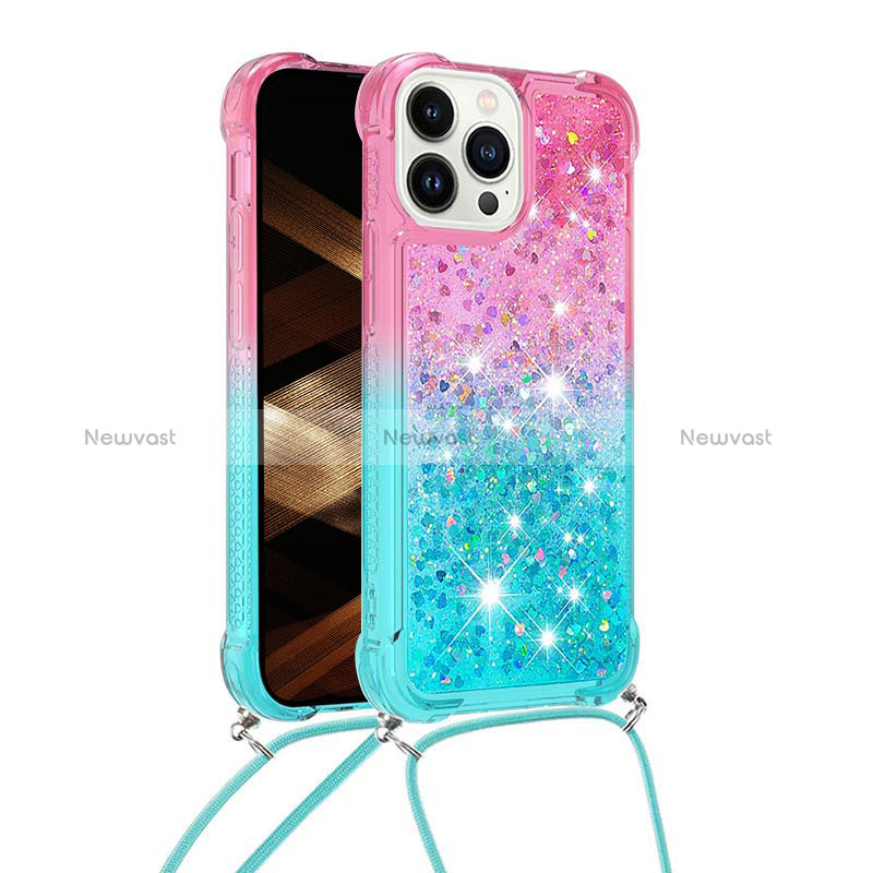 Silicone Candy Rubber TPU Bling-Bling Soft Case Cover with Lanyard Strap S01 for Apple iPhone 13 Pro Max Pink