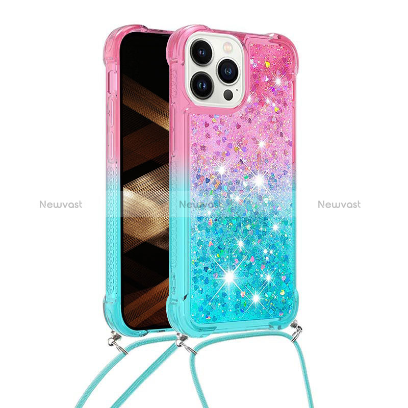 Silicone Candy Rubber TPU Bling-Bling Soft Case Cover with Lanyard Strap S01 for Apple iPhone 13 Pro Pink