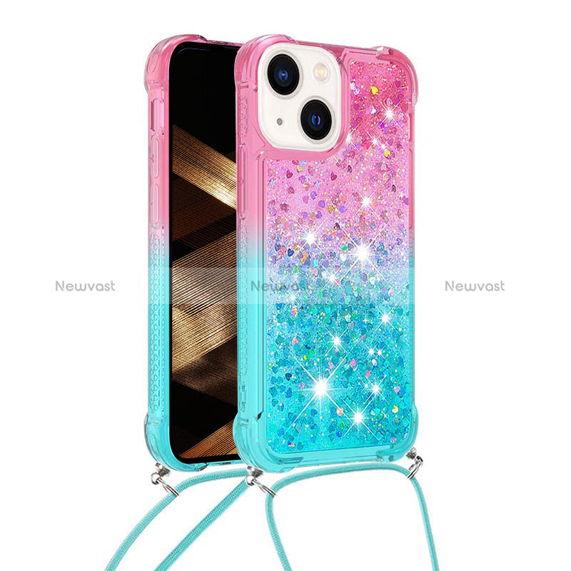 Silicone Candy Rubber TPU Bling-Bling Soft Case Cover with Lanyard Strap S01 for Apple iPhone 15