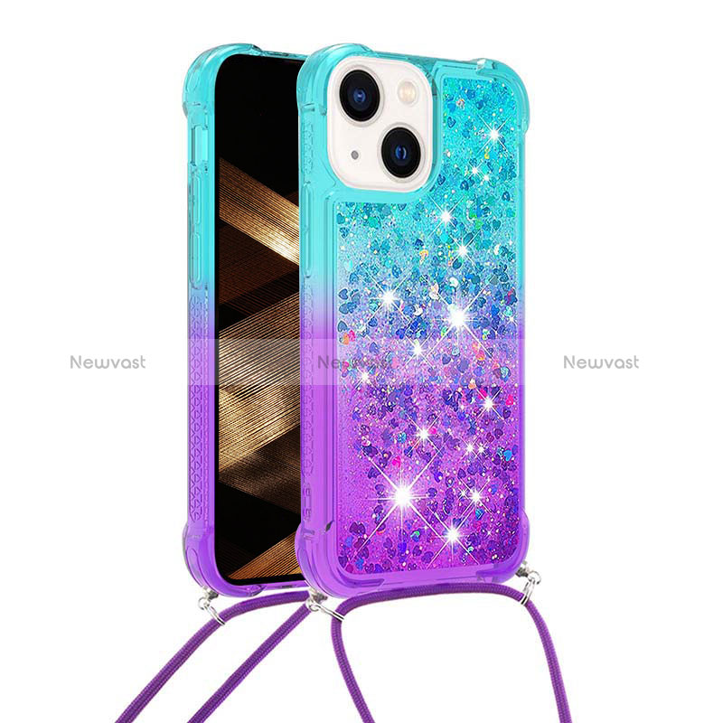 Silicone Candy Rubber TPU Bling-Bling Soft Case Cover with Lanyard Strap S01 for Apple iPhone 15 Plus Sky Blue