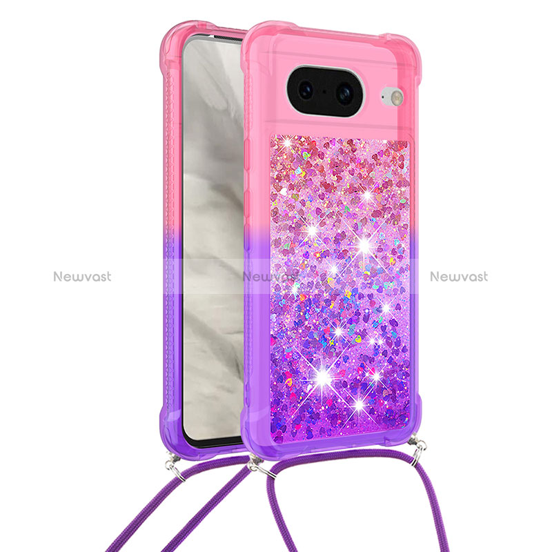 Silicone Candy Rubber TPU Bling-Bling Soft Case Cover with Lanyard Strap S01 for Google Pixel 8 5G Hot Pink