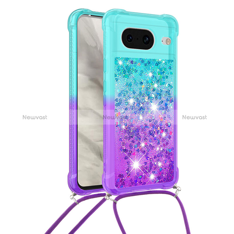 Silicone Candy Rubber TPU Bling-Bling Soft Case Cover with Lanyard Strap S01 for Google Pixel 8 5G Sky Blue