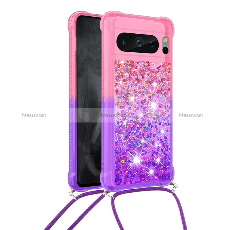 Silicone Candy Rubber TPU Bling-Bling Soft Case Cover with Lanyard Strap S01 for Google Pixel 8 Pro 5G Hot Pink