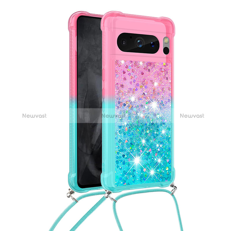 Silicone Candy Rubber TPU Bling-Bling Soft Case Cover with Lanyard Strap S01 for Google Pixel 8 Pro 5G Pink