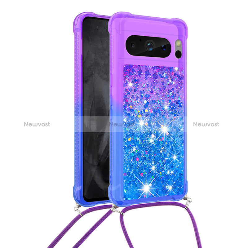 Silicone Candy Rubber TPU Bling-Bling Soft Case Cover with Lanyard Strap S01 for Google Pixel 8 Pro 5G Purple