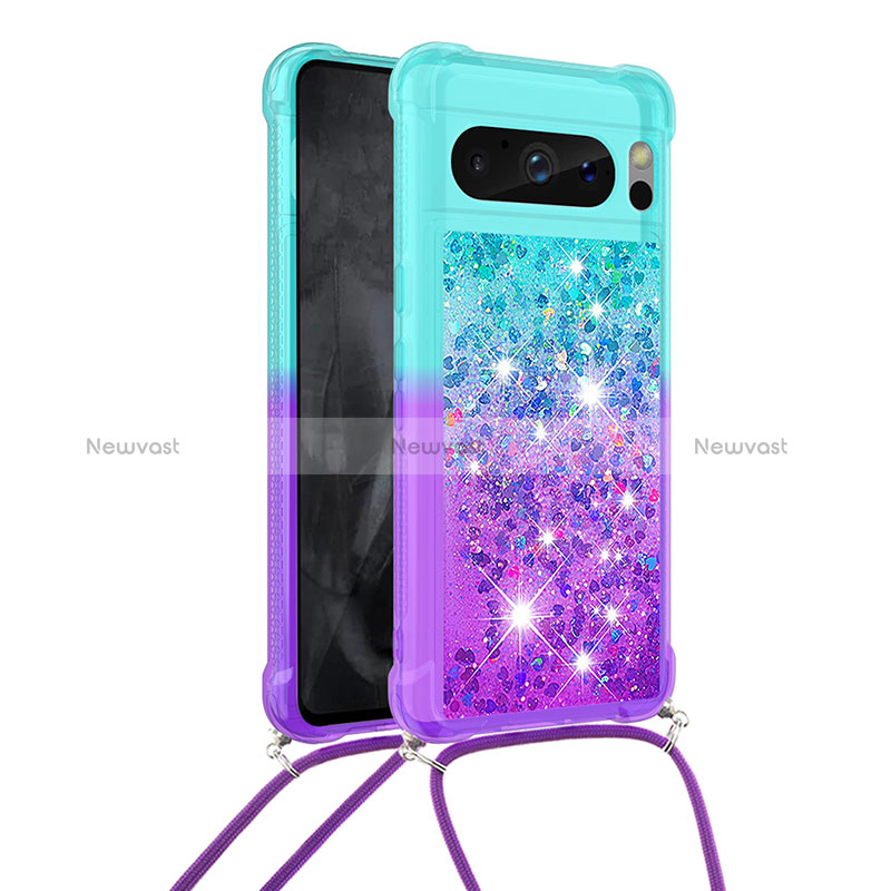 Silicone Candy Rubber TPU Bling-Bling Soft Case Cover with Lanyard Strap S01 for Google Pixel 8 Pro 5G Sky Blue