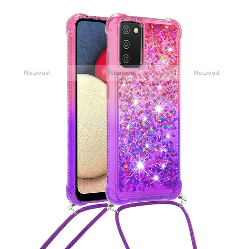 Silicone Candy Rubber TPU Bling-Bling Soft Case Cover with Lanyard Strap S01 for Samsung Galaxy A02s Hot Pink