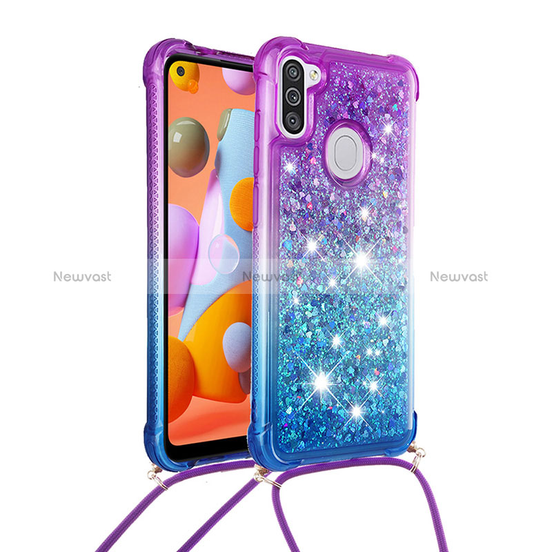 Silicone Candy Rubber TPU Bling-Bling Soft Case Cover with Lanyard Strap S01 for Samsung Galaxy A11 Purple