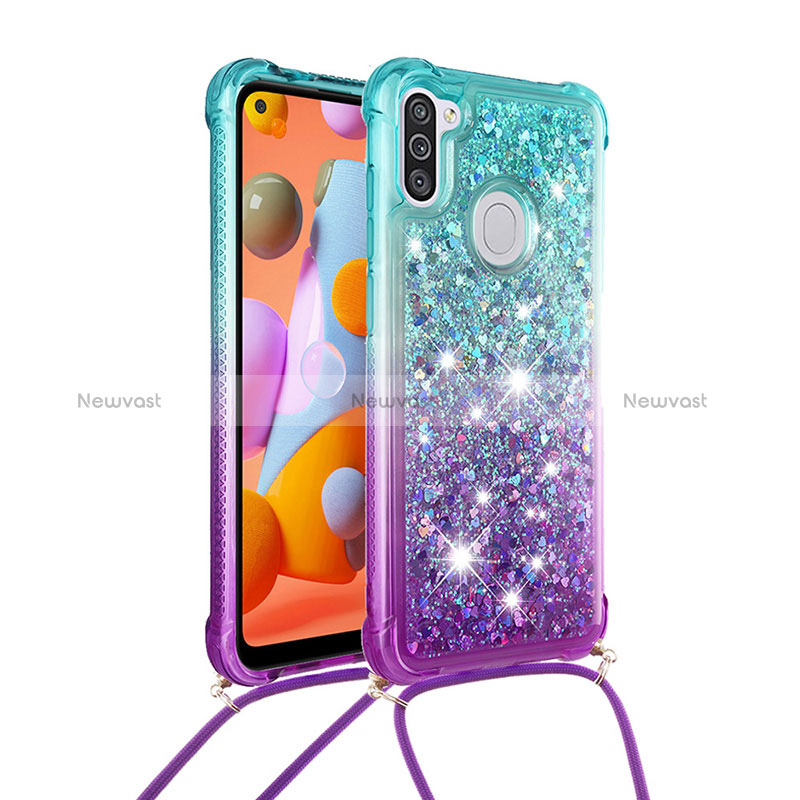 Silicone Candy Rubber TPU Bling-Bling Soft Case Cover with Lanyard Strap S01 for Samsung Galaxy A11 Sky Blue