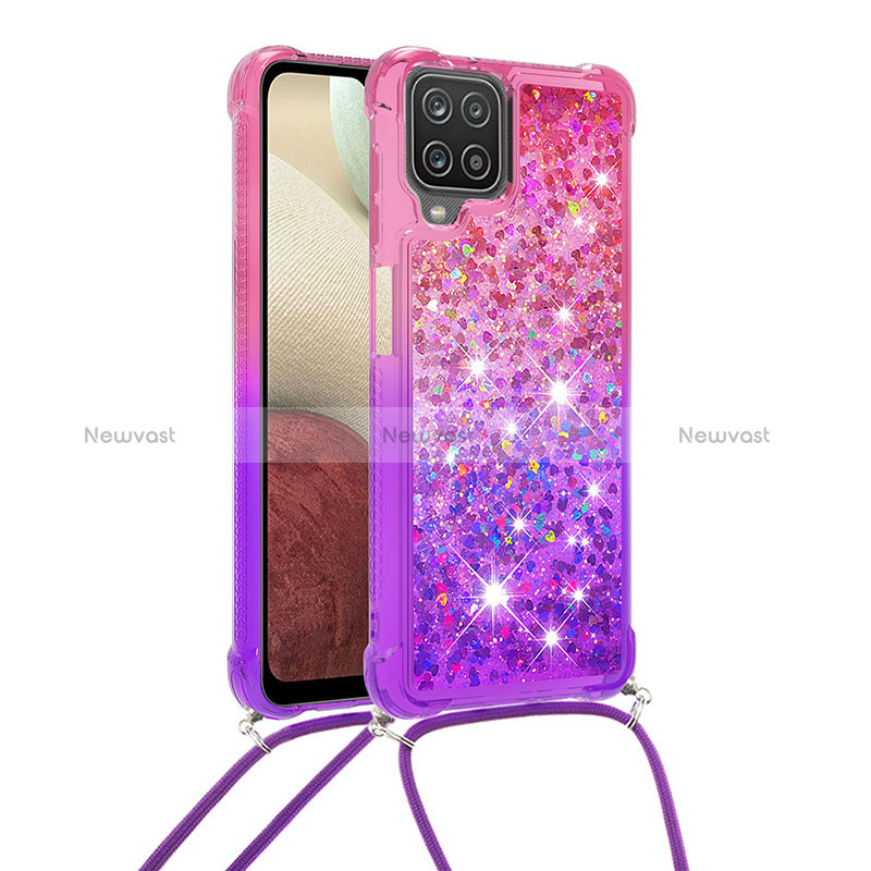 Silicone Candy Rubber TPU Bling-Bling Soft Case Cover with Lanyard Strap S01 for Samsung Galaxy A12 5G Hot Pink