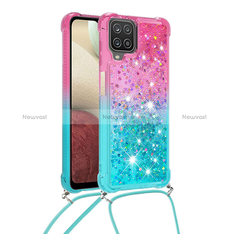 Silicone Candy Rubber TPU Bling-Bling Soft Case Cover with Lanyard Strap S01 for Samsung Galaxy A12 Nacho Pink