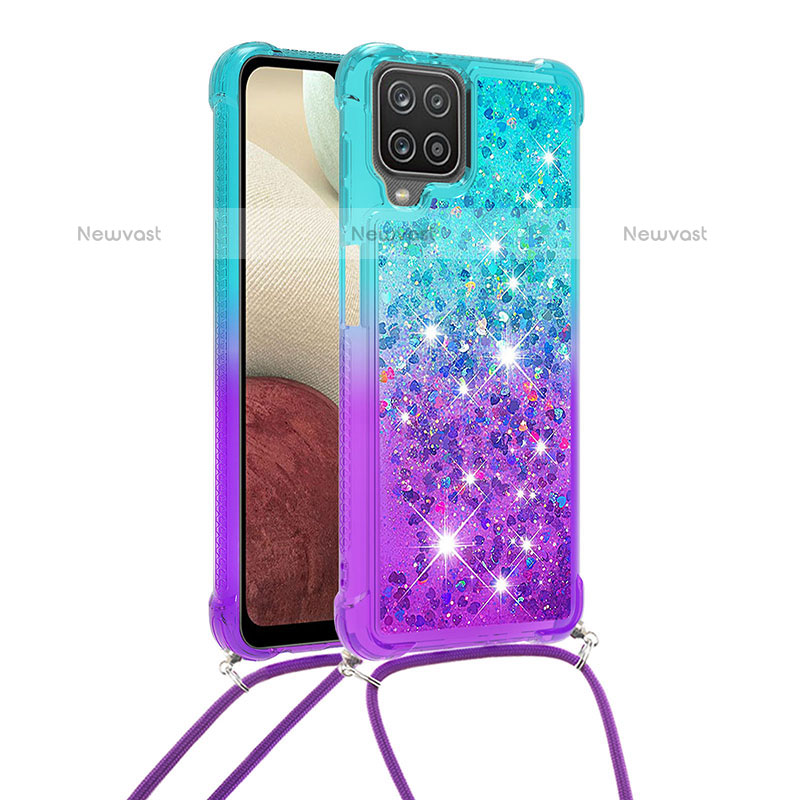 Silicone Candy Rubber TPU Bling-Bling Soft Case Cover with Lanyard Strap S01 for Samsung Galaxy A12 Sky Blue