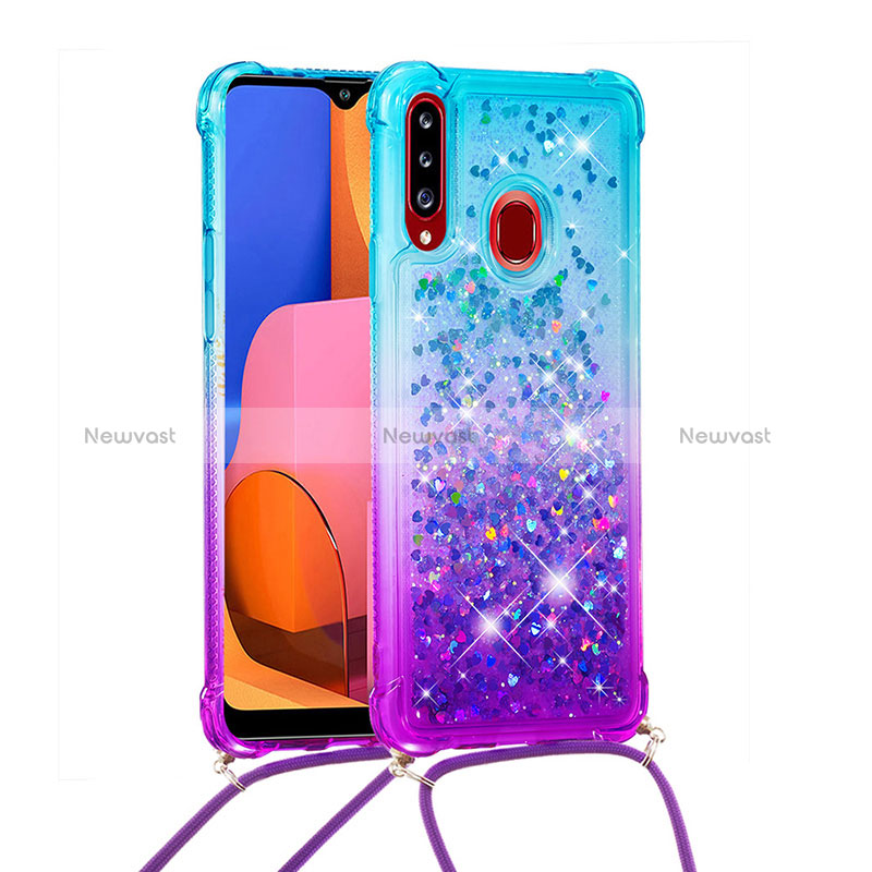 Silicone Candy Rubber TPU Bling-Bling Soft Case Cover with Lanyard Strap S01 for Samsung Galaxy A20s Sky Blue