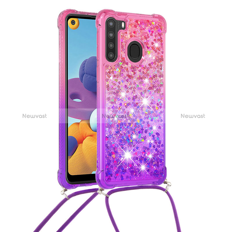 Silicone Candy Rubber TPU Bling-Bling Soft Case Cover with Lanyard Strap S01 for Samsung Galaxy A21 Hot Pink