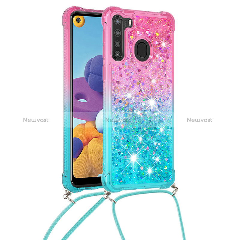 Silicone Candy Rubber TPU Bling-Bling Soft Case Cover with Lanyard Strap S01 for Samsung Galaxy A21 Pink