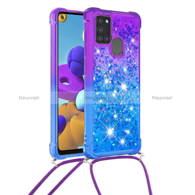 Silicone Candy Rubber TPU Bling-Bling Soft Case Cover with Lanyard Strap S01 for Samsung Galaxy A21s Purple