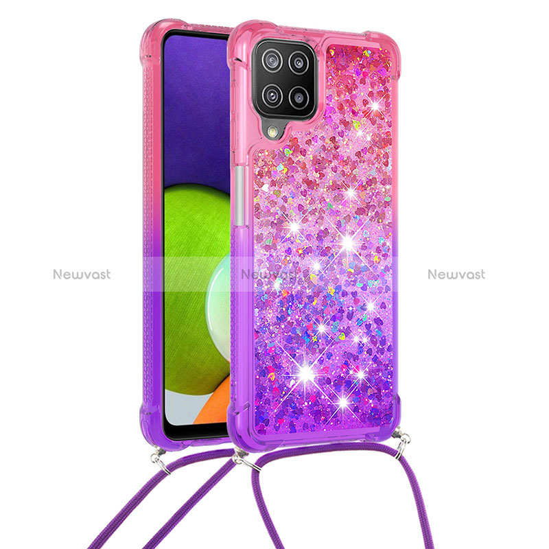 Silicone Candy Rubber TPU Bling-Bling Soft Case Cover with Lanyard Strap S01 for Samsung Galaxy A22 4G Hot Pink