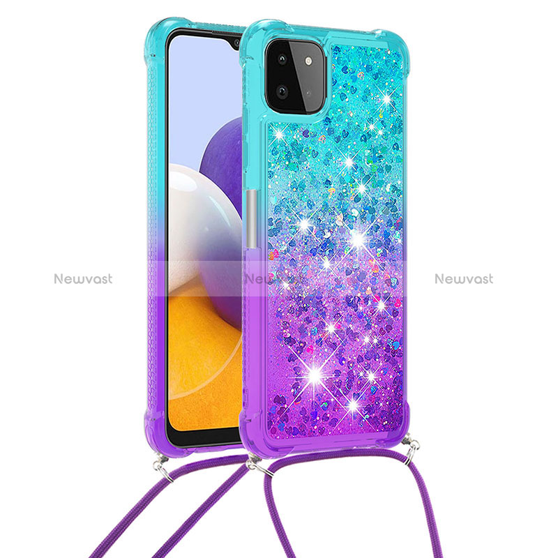 Silicone Candy Rubber TPU Bling-Bling Soft Case Cover with Lanyard Strap S01 for Samsung Galaxy A22s 5G Sky Blue