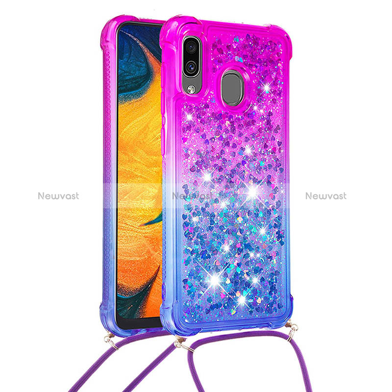 Silicone Candy Rubber TPU Bling-Bling Soft Case Cover with Lanyard Strap S01 for Samsung Galaxy A30 Purple