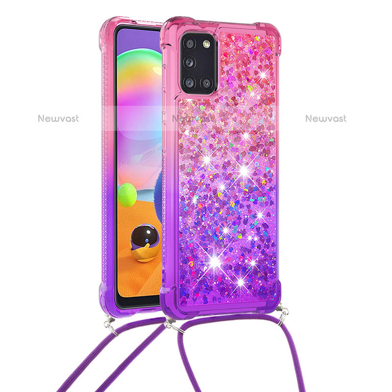 Silicone Candy Rubber TPU Bling-Bling Soft Case Cover with Lanyard Strap S01 for Samsung Galaxy A31 Hot Pink