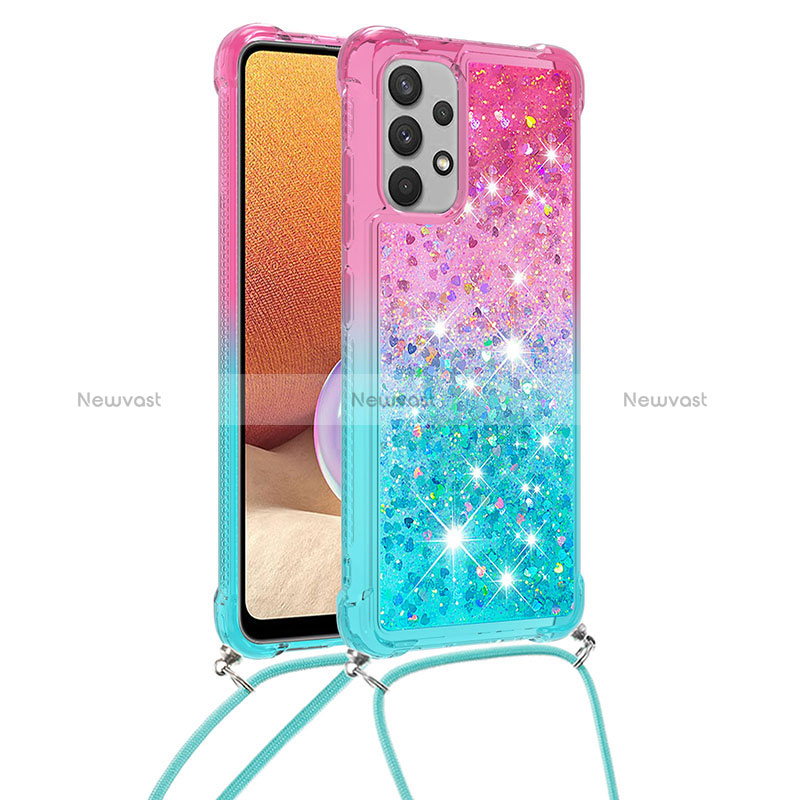 Silicone Candy Rubber TPU Bling-Bling Soft Case Cover with Lanyard Strap S01 for Samsung Galaxy A32 4G Pink