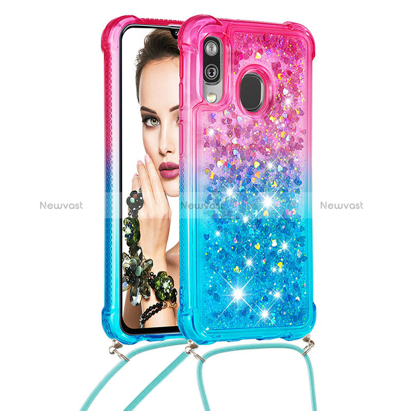 Silicone Candy Rubber TPU Bling-Bling Soft Case Cover with Lanyard Strap S01 for Samsung Galaxy A40 Pink