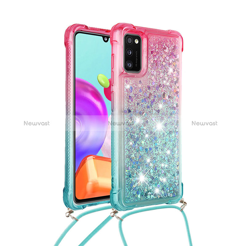 Silicone Candy Rubber TPU Bling-Bling Soft Case Cover with Lanyard Strap S01 for Samsung Galaxy A41 Pink