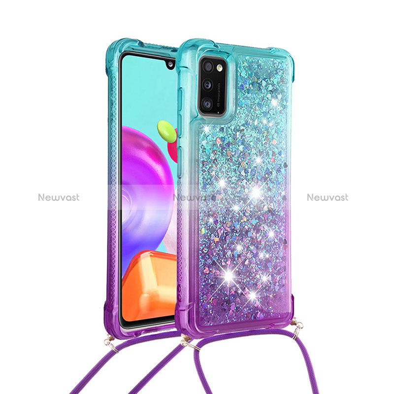 Silicone Candy Rubber TPU Bling-Bling Soft Case Cover with Lanyard Strap S01 for Samsung Galaxy A41 Sky Blue